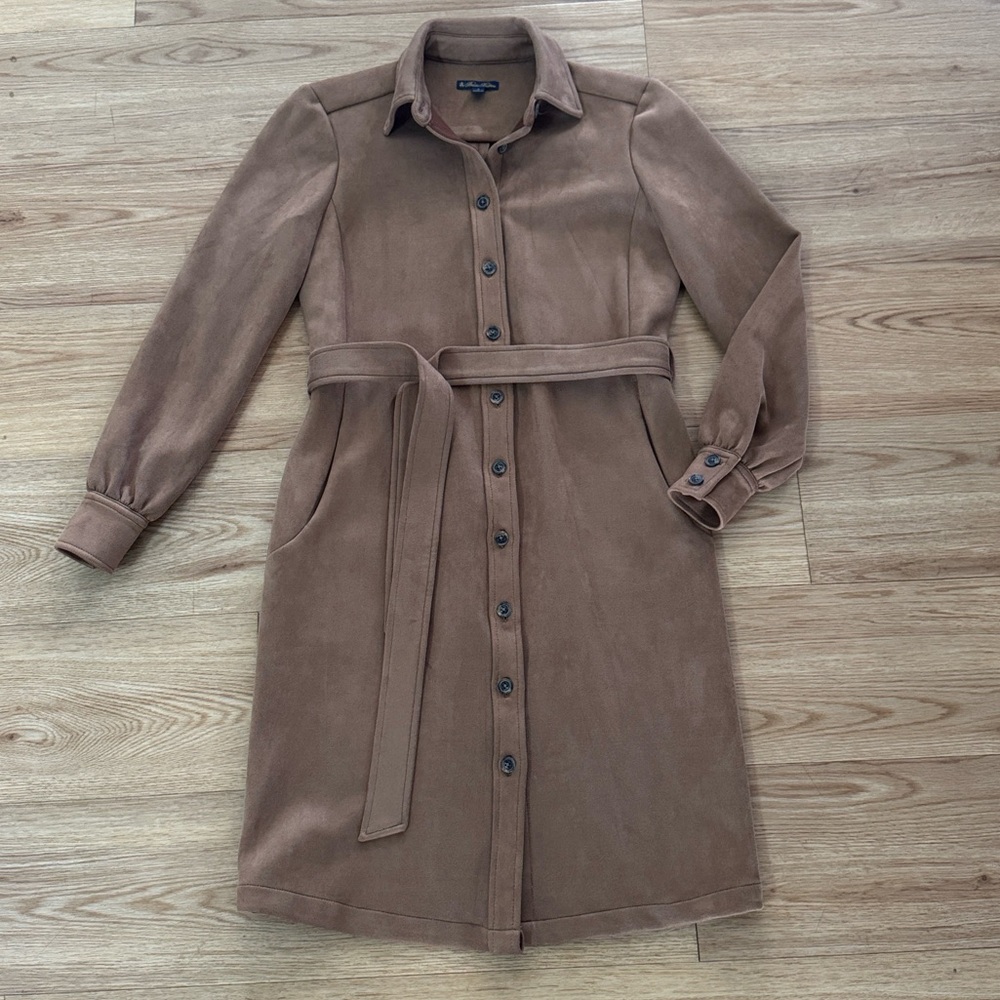 Brooks Brothers Womens Brown Faux Suede Belted Midi Shirt Dress Size 2 Fall